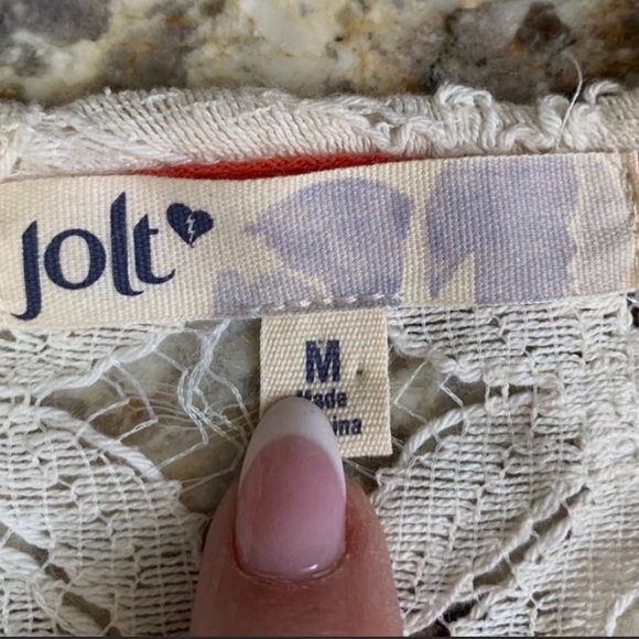 Jolt SZ MD short, Lacey, eyelet blouse top with fringe, cream color tunic - Picture 6 of 7